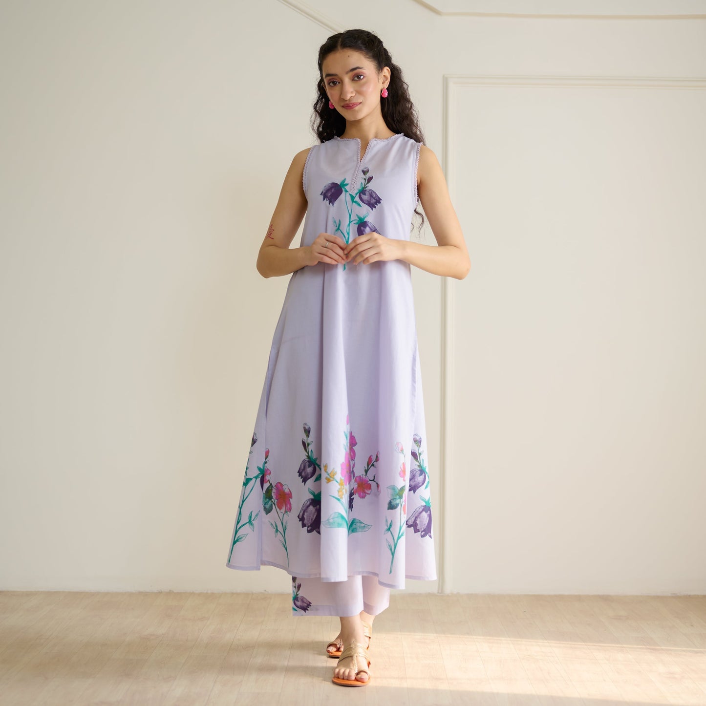 Aviva Patchwork Cotton Kurta Set with Mulmul Slip - Lavender
