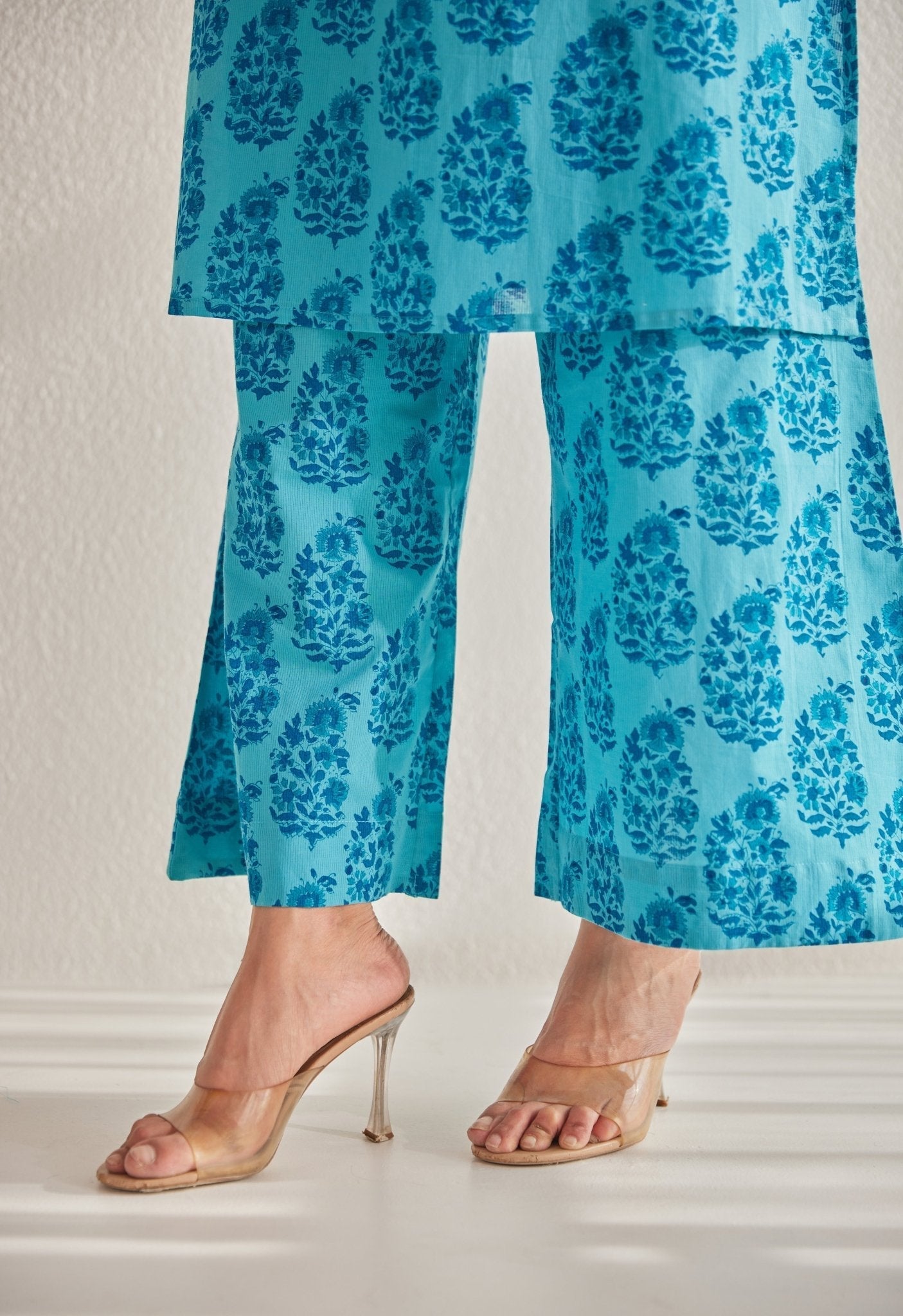 Blue Sleeveless floral Buta Hand Block Printed Coord Set