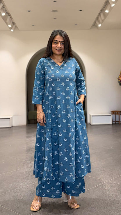 Pari Cotton Hand Block Kurta Set- Blue