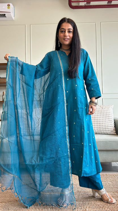 Keya Hand Woven Golden Zari Motif Kali Cotton Kurta - Blue