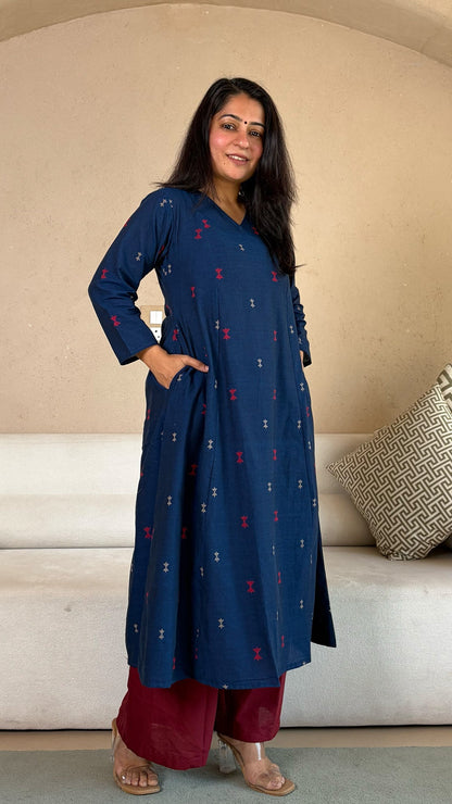 Azal Hand Woven Kali Kurta In Cotton - Navy Blue