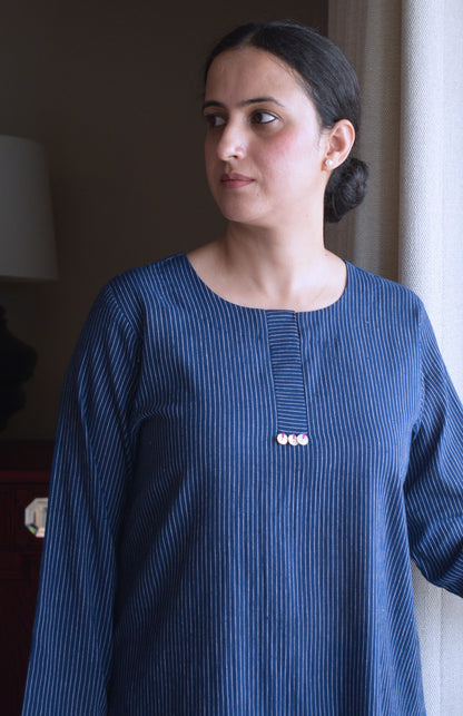 Navy Blue Striped Co-ord Set in Handwoven Cotton