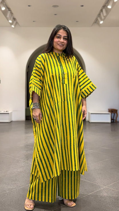 Joe Ajrakh Cotton Kaftan Co-ord - Yellow/Green