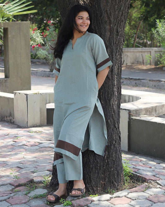 Coffee Stripe Premium Linen Kurta set