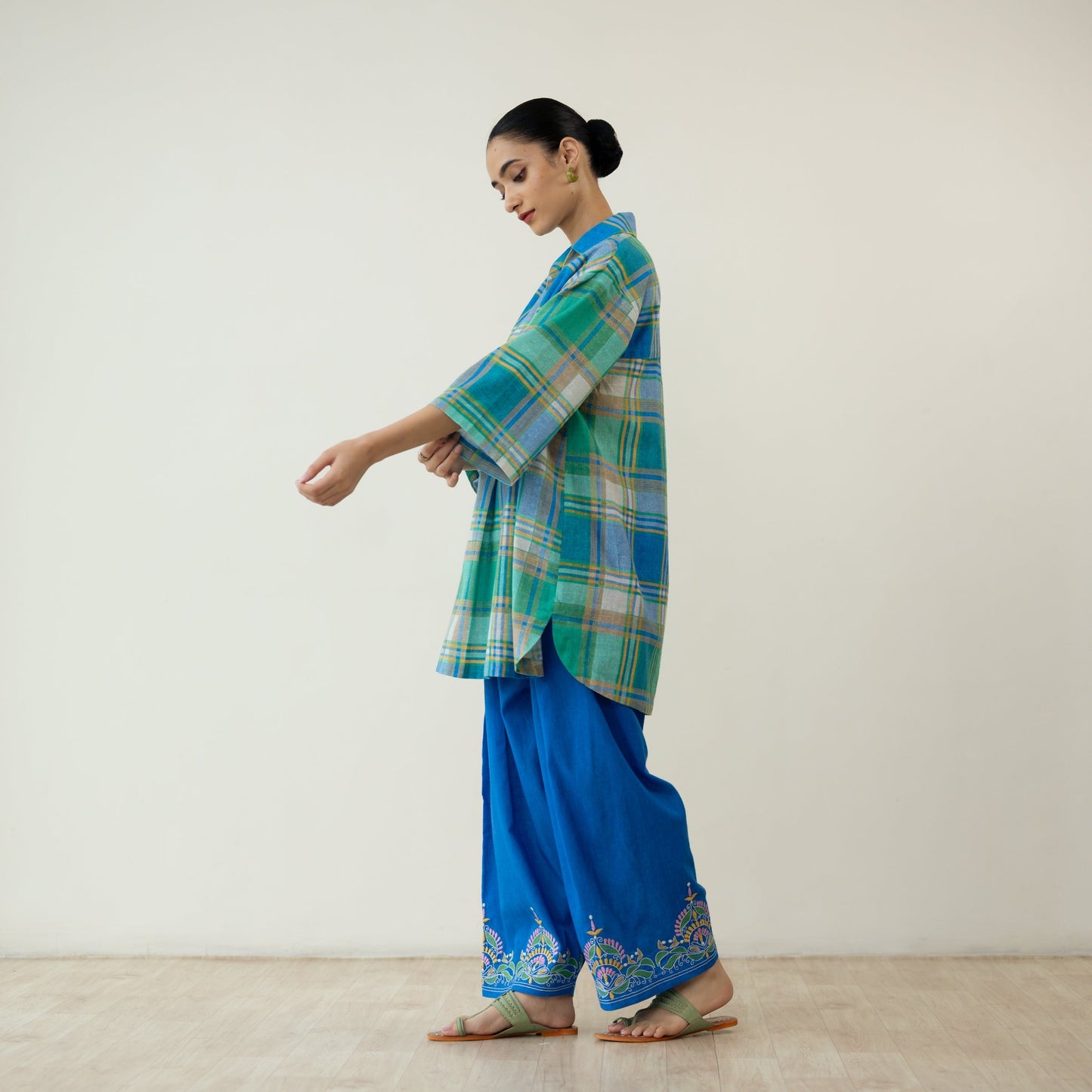 Zoya Blue Plaid Cotton Co-ord Set with Embroidered Palazzo