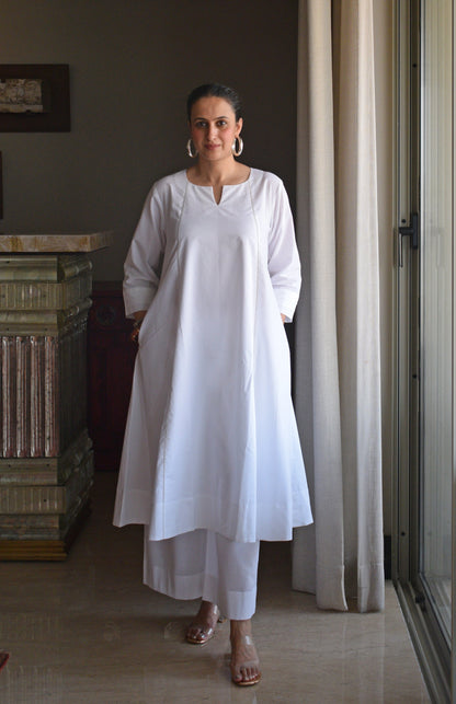 White A line Cotton Kurta with Panels and pajama