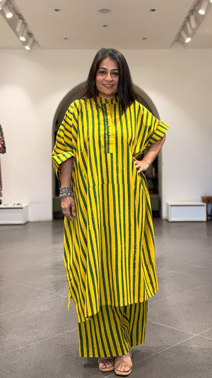 Joe Ajrakh Cotton Kaftan Co-ord - Yellow/Green