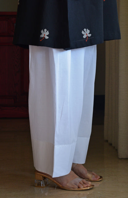 Black Jamdani Short Kurta with Pleated White Pyjama