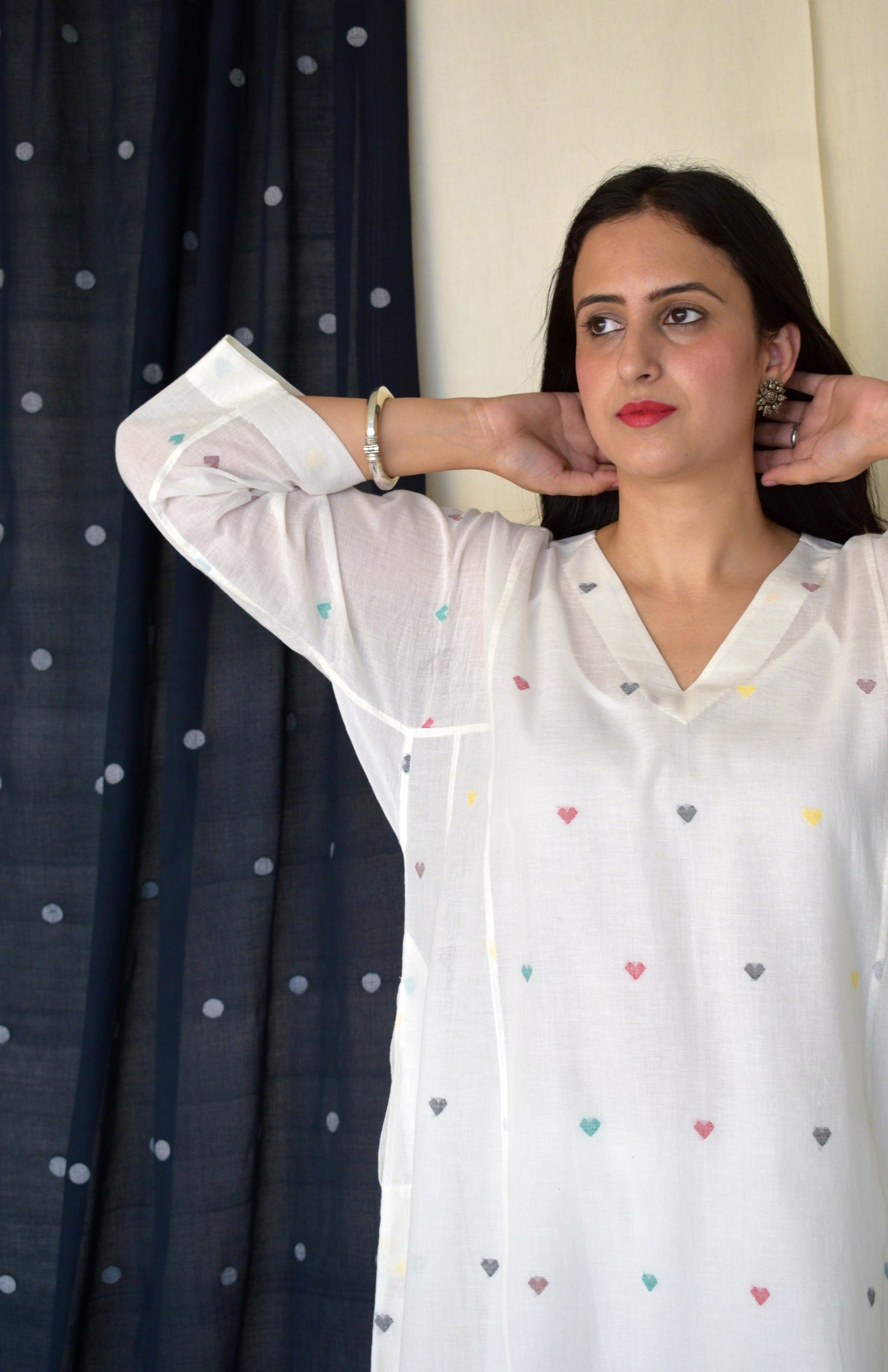 Pearl White Jamdani Phiran with Off White Pyjama