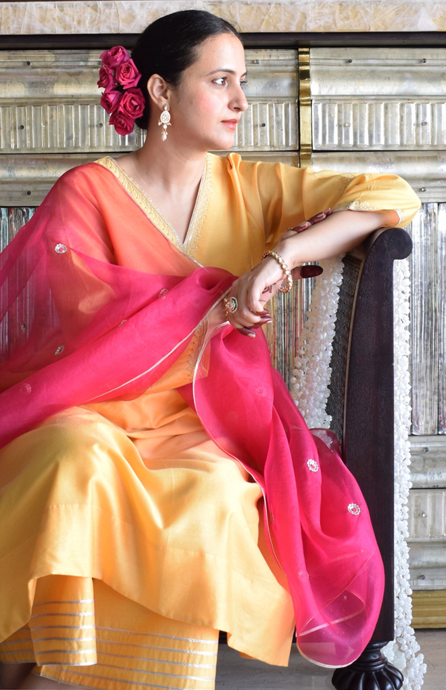 Kanak Chanderi Set with Hand Embroidered A line Kurta and Wide Legged Pyjama