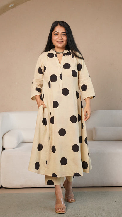 Kriya Polka Dots Hand Block Kali Cotton Kurta - Beige/Black