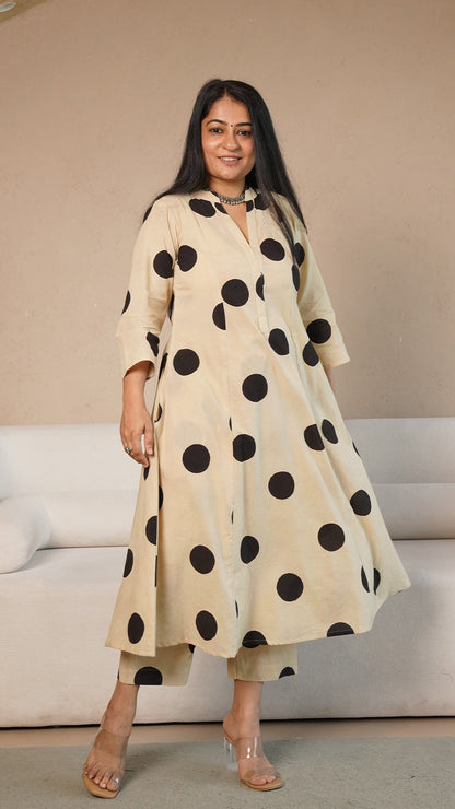 Kriya Polka Dots Hand Block Kali Cotton Kurta - Beige/Black