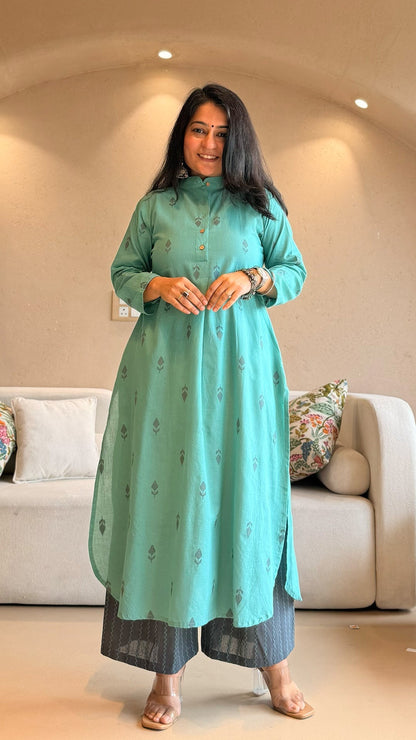 Mehaa Hand Woven Cotton Kurta - Turquoise