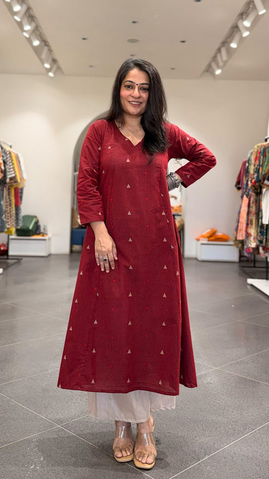Tara Hand Woven Kali Kurta In Cotton - Maroon