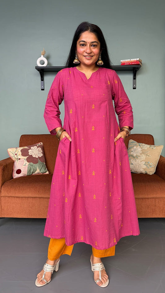 Sonam Pink Hand Woven Kali Cotton Kurta