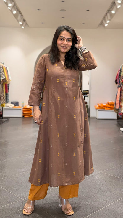 Amirah Hand Woven Kali Kurta In Cotton - Brown