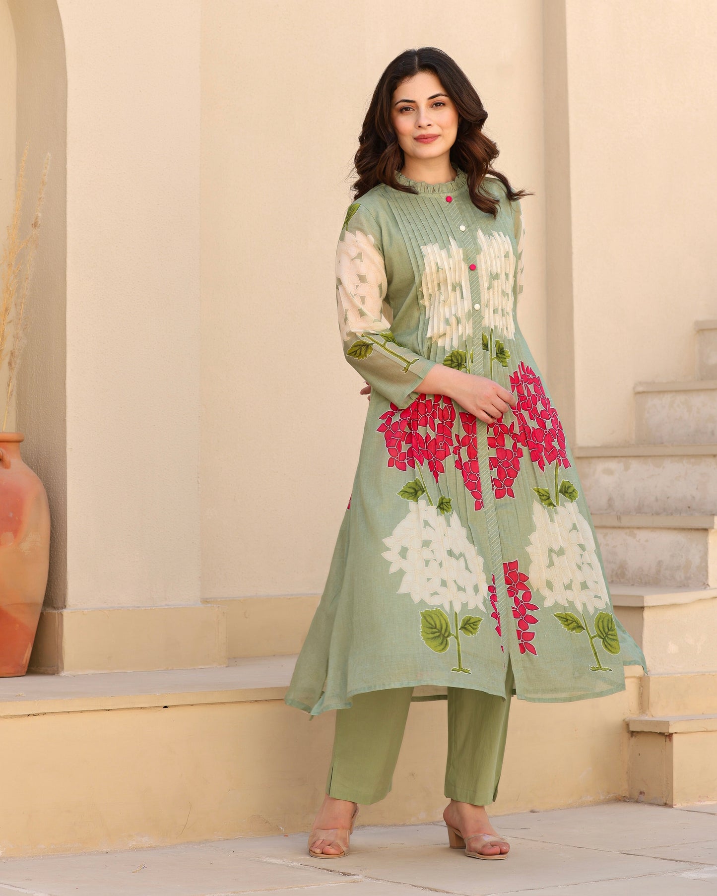 Olive Green Bloom Pintex Mul Cotton A Line Kurta Set