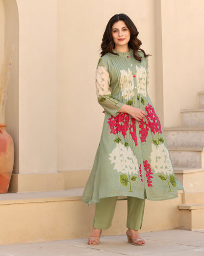 Olive Green Bloom Pintex Mul Cotton A Line Kurta Set