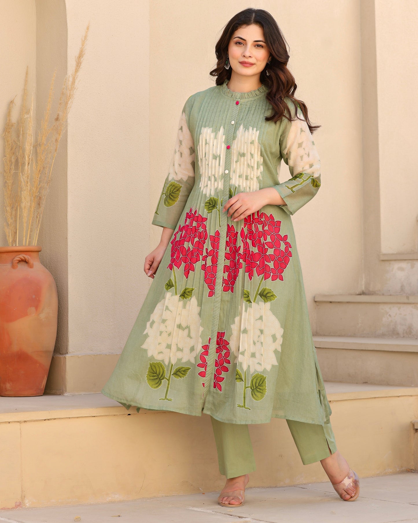 Olive Green Bloom Pintex Mul Cotton A Line Kurta Set