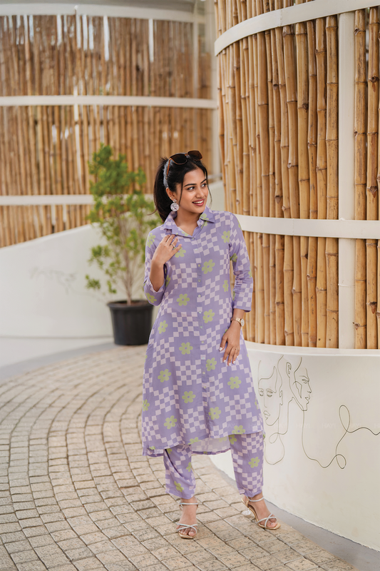 Soft Loop Lavender Viscose Co-ord with Shirt Collar Neck & 3/4th Sleeves