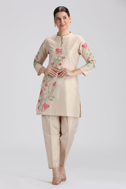 Bisque PolySilk Embroidered Straight Kurta Pant Co ord Set