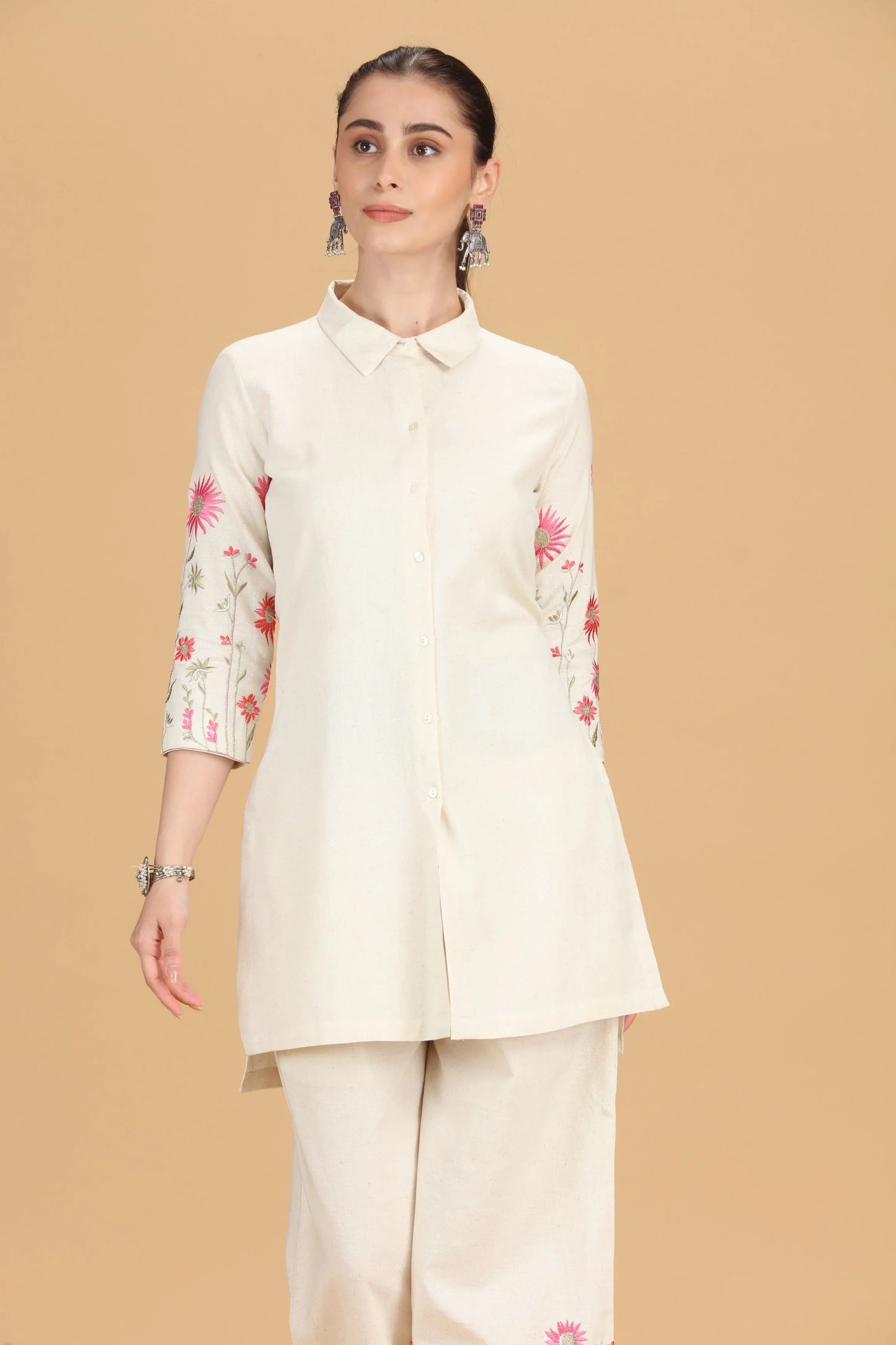 Cream Cotton Flex Embroidered Straight Kurta Pant Co ord Set