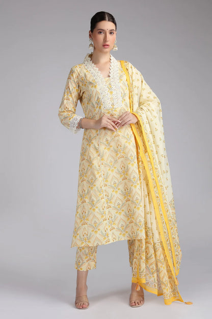 Cream Cotton Printed A Line Kurta Pant and Dupatta Suit Set