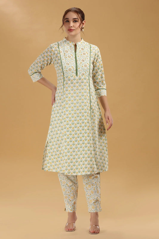 Cream & Green Jaipuri Cotton Printed A Line Kurta Pant Co ord Set