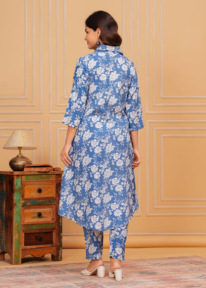 Blue White Floral Printed Rayon CO-Ord Set