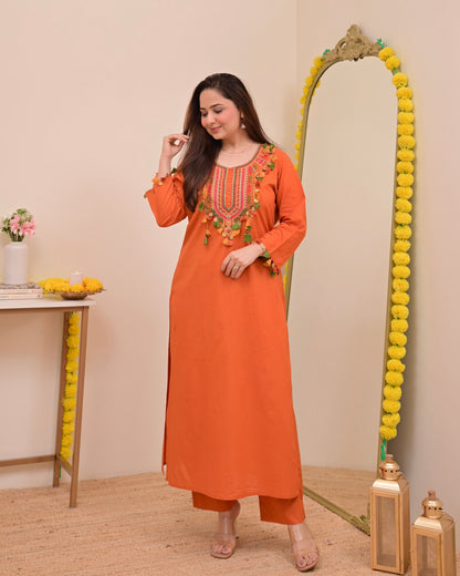 Orange Threadwork Tasseled Cotton Kurta Set