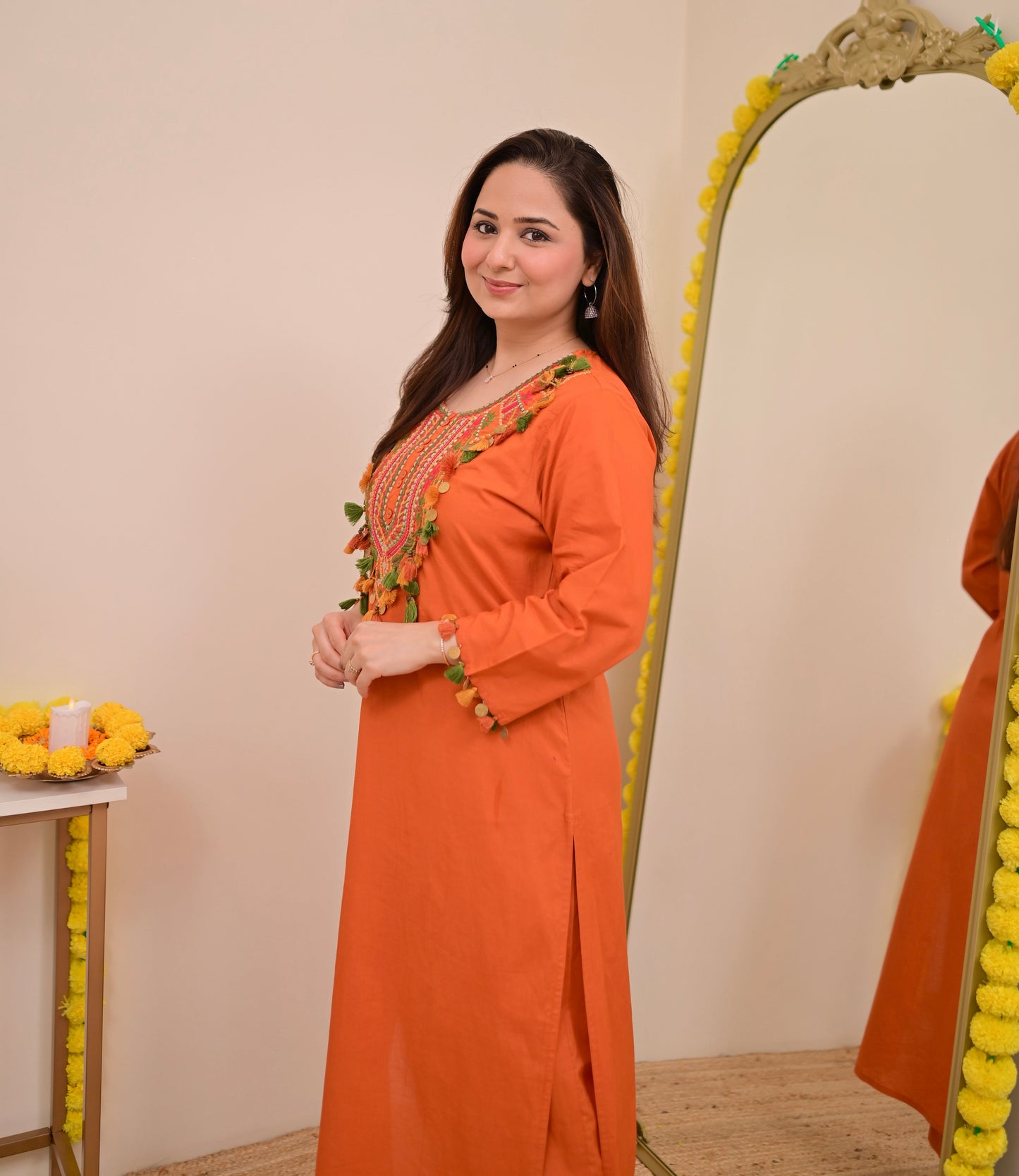 Orange Threadwork Tasseled Cotton Kurta Set
