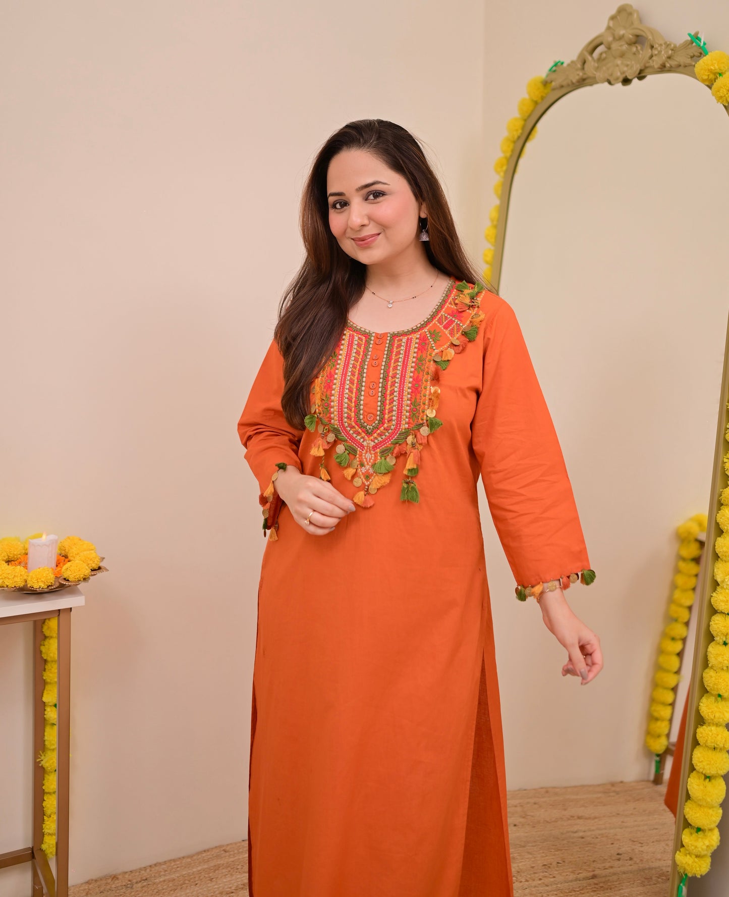 Orange Threadwork Tasseled Cotton Kurta Set