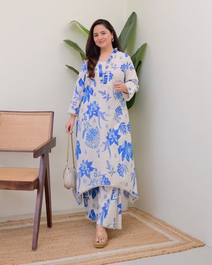 Blue Floral A Line Cotton Kurta Set