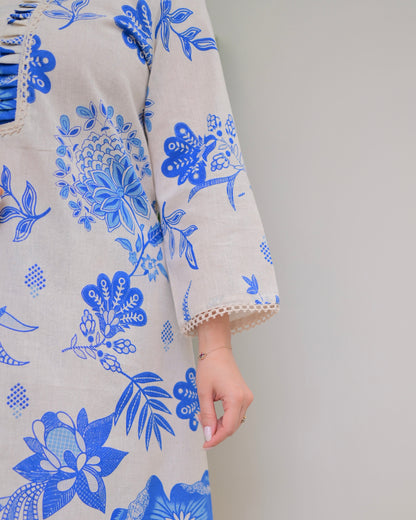 Blue Floral A Line Cotton Kurta Set