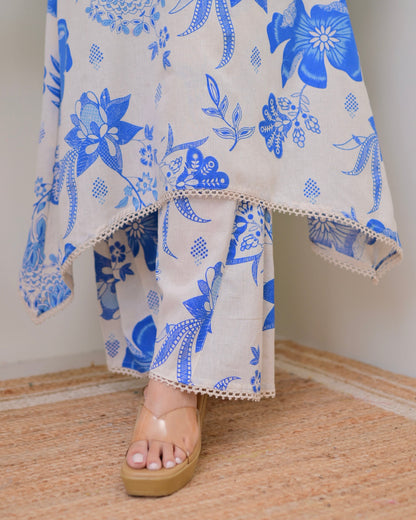 Blue Floral A Line Cotton Kurta Set
