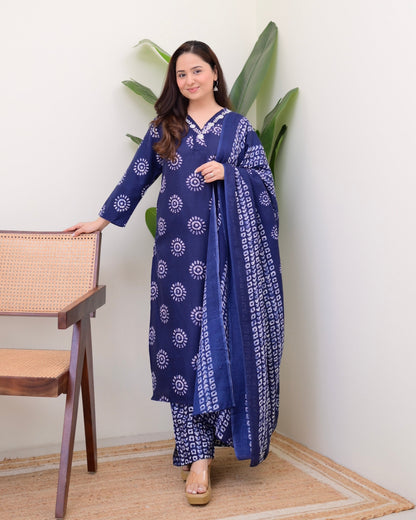 Navy Blue Floral Cotton Suit