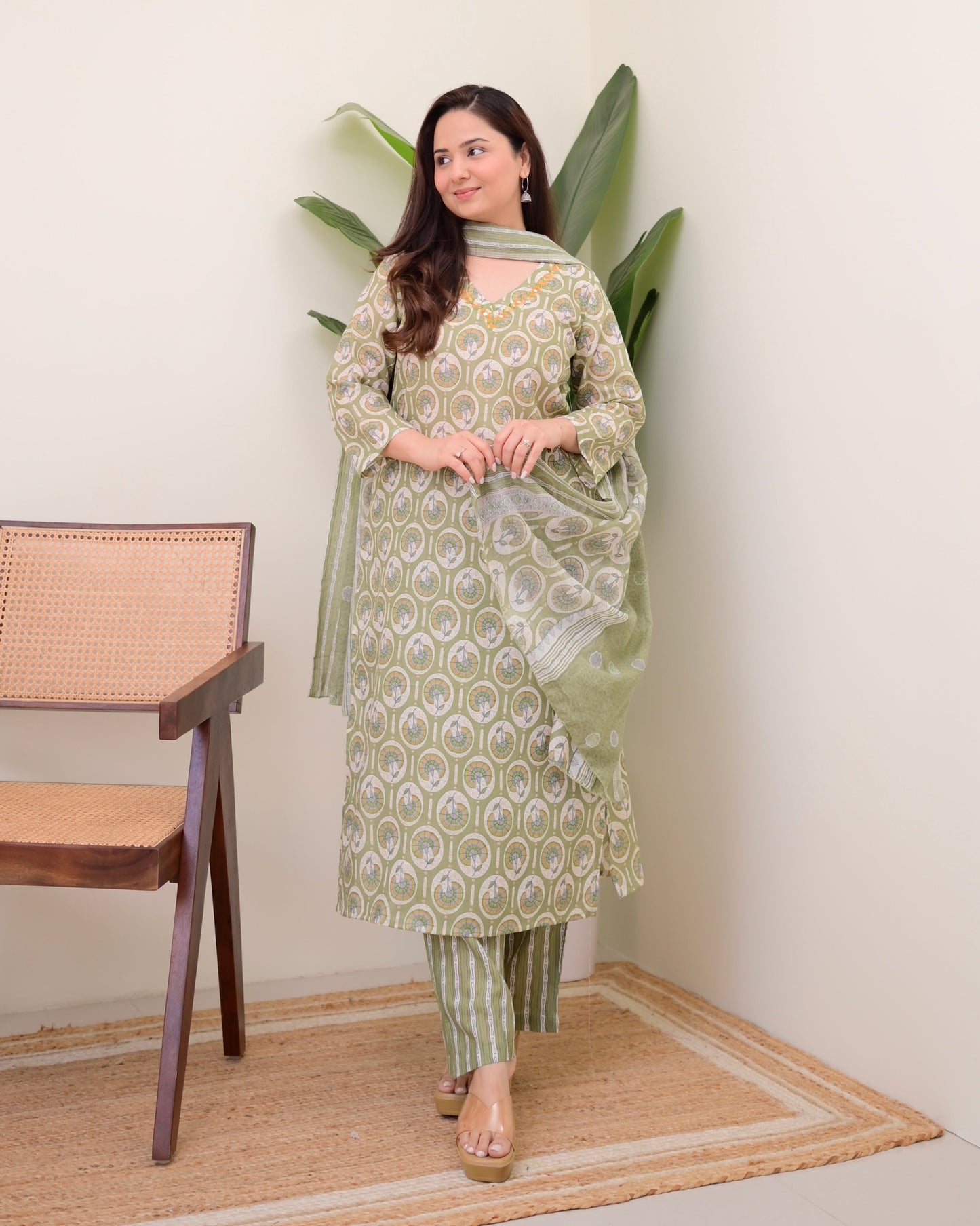 Pista Green Floral Cotton Suit