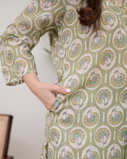 Pista Green Floral Cotton Suit