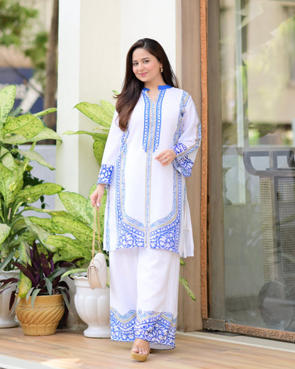 White Blue Moroccan Pakistani Cotton Linen Co-ord
