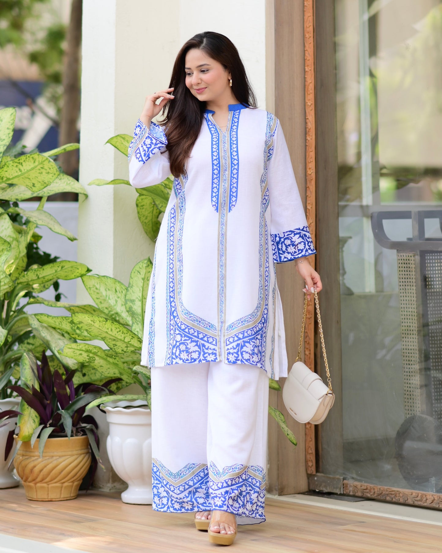 White Blue Moroccan Pakistani Cotton Linen Co-ord