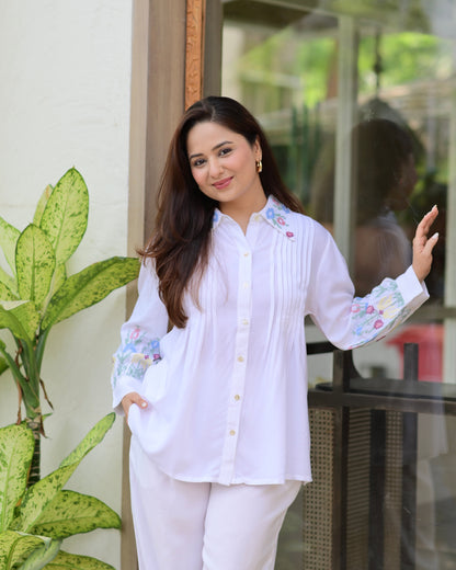 White Threadwork Collar Cotton Co-ord