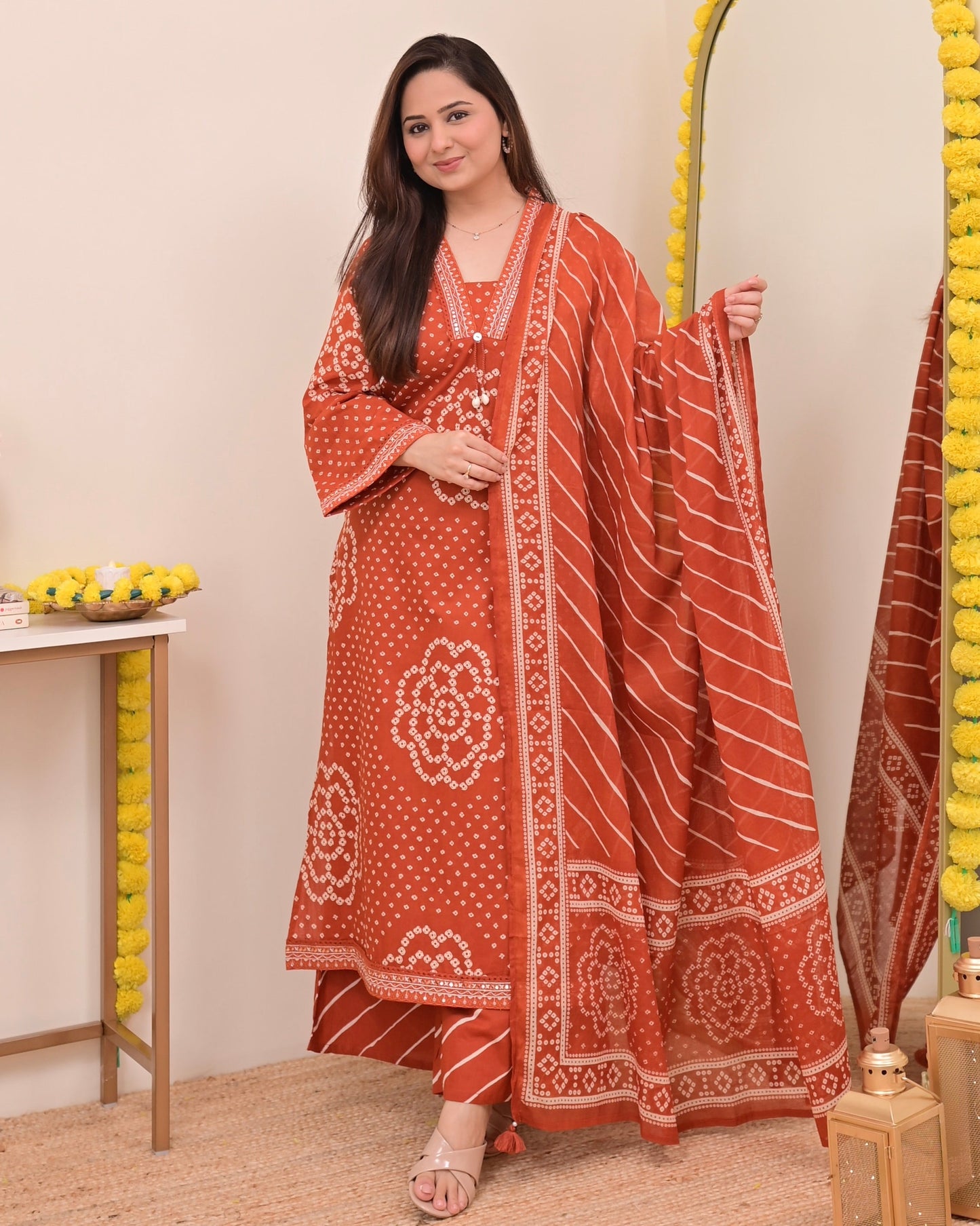 Rust Bandhej Cotton A Line Suit Set