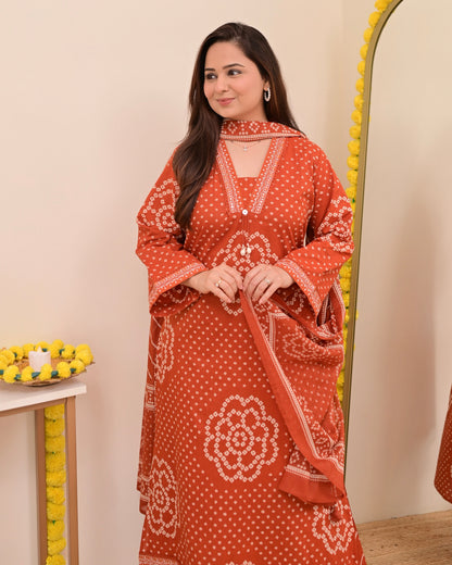 Rust Bandhej Cotton A Line Suit Set