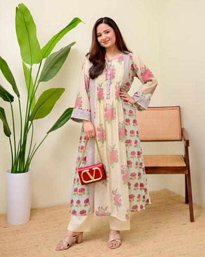 Ivory Blue Summer Rose Drift Pintex A Line Kurta Set