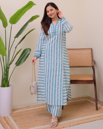 Blue Skyline Striped Luxe Cotton Kurta Set