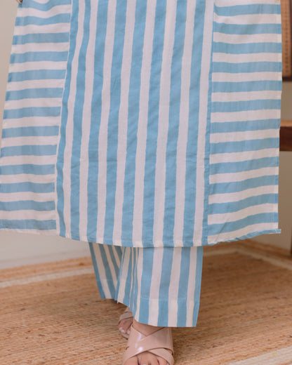 Blue Skyline Striped Luxe Cotton Kurta Set