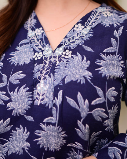 Navy Blue Floral Cotton Suit