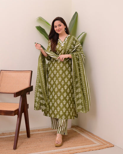 Green Floral Cotton Suit