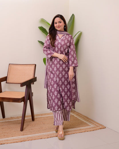 Mauve Floral Cotton Suit