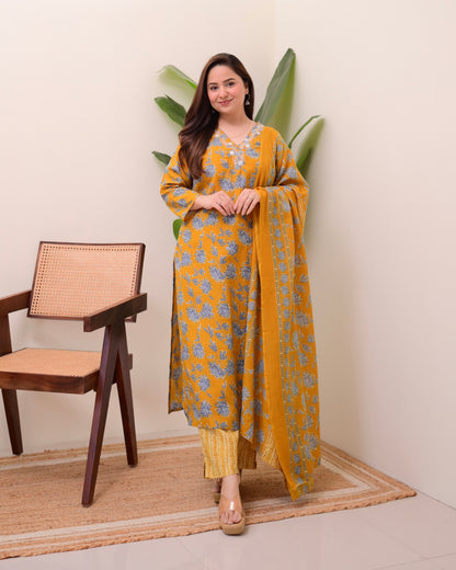 Mustard Yellow Floral Cotton Suit